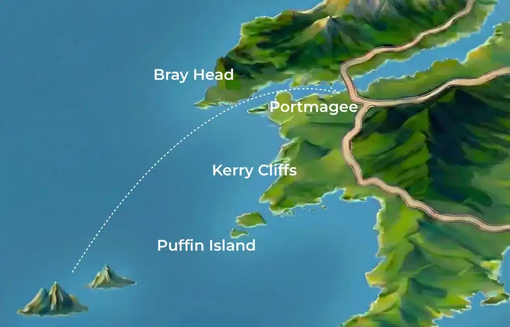 Skellig MIchael Tours Coastal map with labeled landmarks.