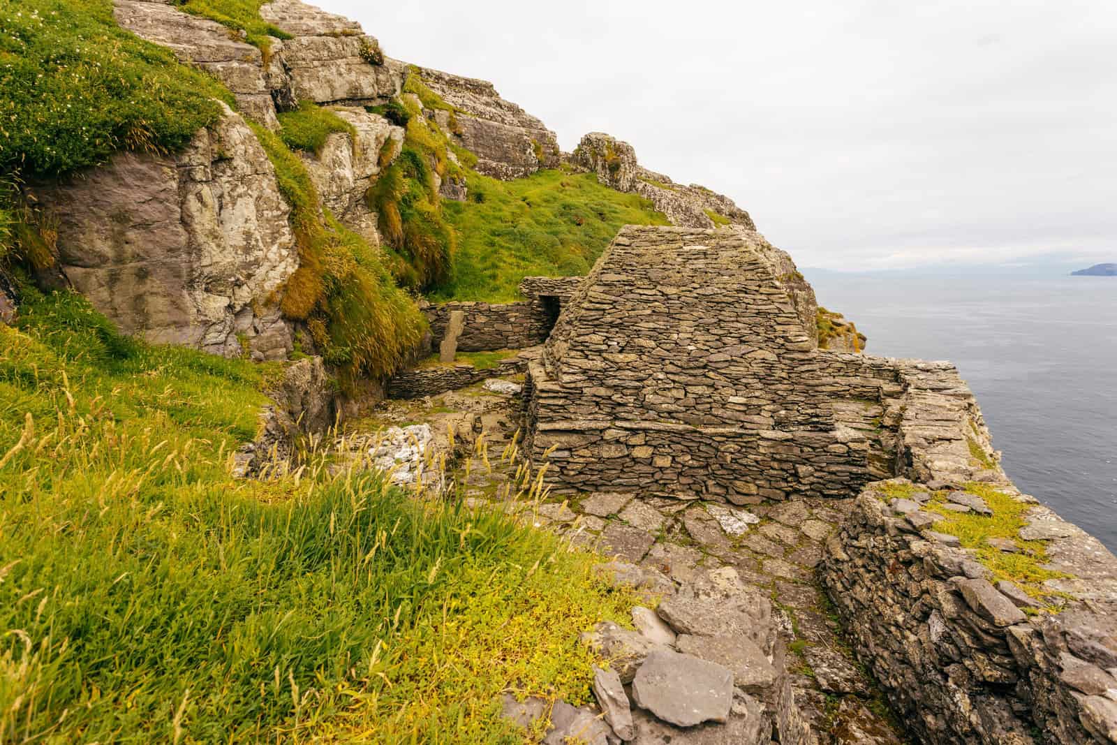 Beehive huts on Skellig Michael built with drystone construction.