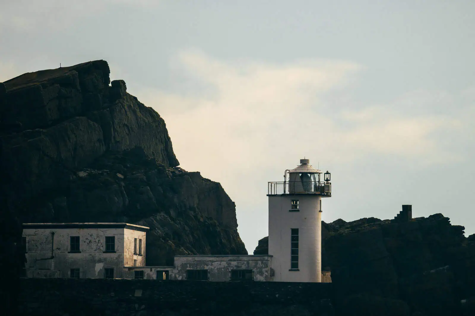 View of the Skellig Michael lighthouse towers near the monastic site.