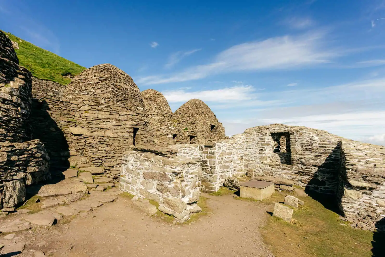 Ancient stone beehive huts on Skellig Michael, a UNESCO World Heritage Site. Book your Skellig Michael Landing Tour today.